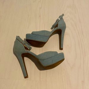Jessica Simpson Blue Denim Peep Platform Strap Heels 7M